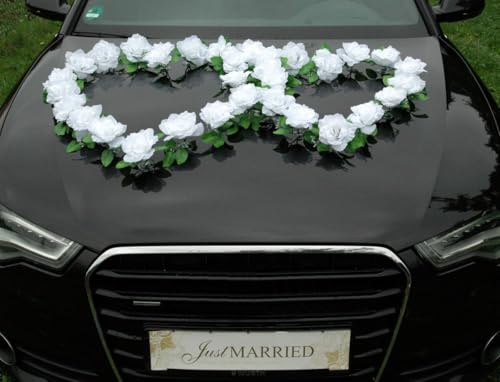 DOPPEL Herz Auto Schmuck Braut Paar Rose Deko Dekoration Autoschmuck Hochzeit Car Auto Wedding Deko Ratan (Reinweiß/Reinweiß)
