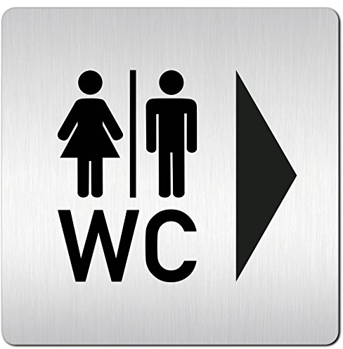 'Toilettes Plaque de Porte WC • Picto WC + flèche droite – Dimensions : 120 x 120 mm – Couleur : Argenté/noir • haute qualité PVC folienverklebung.