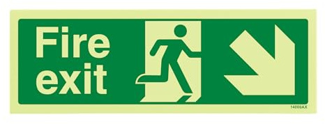 V Safety 14006AX-GS Glow In The Dark Fire Exit Arrow Down Right Sign - 300mm x 100mm - Self Adhesive Vinyl
