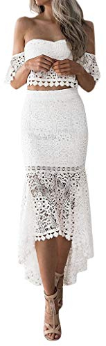 Abendkleider Vokuhila Weiss Elegant Für Hochzeit Festlich Damen Schulterfrei Kleid Frauen Spitze Asymmetrisch Bleistift Vintage Partykleid