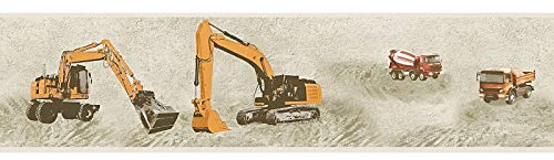 Kinderzimmer Tapeten Bordüre mit Baustelle | Vlies Tapetenbordüre mit Bagger und LKW in Gelb Orange | Beige Wandbordüre mit Kran für Jungenzimmer