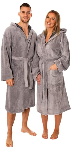 Lavea® Bademantel Damen und Herren, Unisex Morgenmantel mit Kapuze, Soft-Velour und Frottier, Bambus Baumwoll-Mischung, weich, 2 Taschen, Bindegürtel, Sauna & Wellness, komfortabel, M, Hellgrau