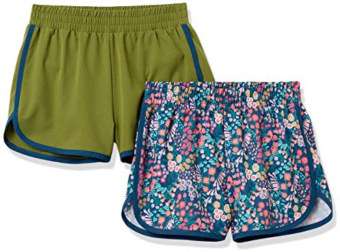 Amazon Essentials Girls' Active Performance Running Shorts with Elasticized Waistband, Pack of 2, 2-pack Olive/Floral, Small