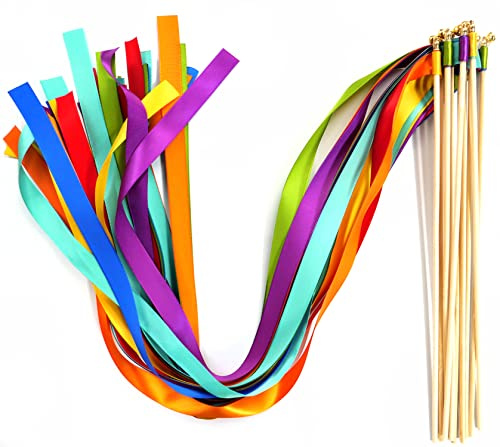 Zauberstäbe mit Band Glocken,20 Stück Luftschlangen Seide Fee Stick,Wedding Twirling Streamers Ribbon Wedding Wands Stick für Hochzeit Partys Babypartys Geburtstag Urlaub Feiern Weihnachten,Regenbogen