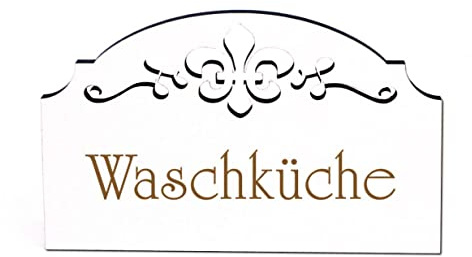 Waschküche Türschild Schild Holz graviert Ornamente selbstklebend Wäsche Vintage Türdeko 15,5 x 9,5 cm