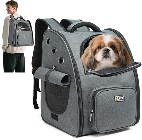 ALLSOPETS Rucksack für Hunde Katzenrucksack Atmungsaktiver Faltbarer Haustierrucksack Mit Sicherheitshaken Tragbar Tragetasche für Reisen Wandern Welpen Rucksack (Dunkelgrau)