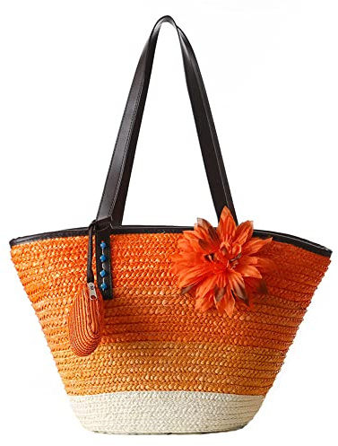 Hixingo Strohtaschen Damen Groß Kapazität Strandtasche Stroh Totes Taschen, Mode Sommer Boho Strand Gewebte Tasche Frauen Schultertaschen, Strohsack für Reisen und Urlaub
