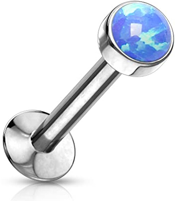 Paula & Fritz® Push-In Labret Piercing Silber 3-mm Opal Blau Chirurgenstahl 316L Kugel 1,2-mm Stab-Dicke 6-mm Lang Madonna Medusa Monroe Helix Tragus