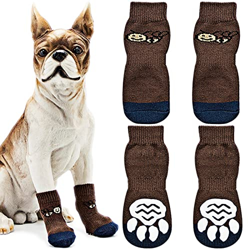 Avaner 4 Stücke Hundesocken mit Bienenmuster rutschfeste Pfotenschutz Socken Hohe Elastizität Hundeschuhe Weiche Socken Indoor Antirutschsocken für kleine Hunde Haustiere Braun