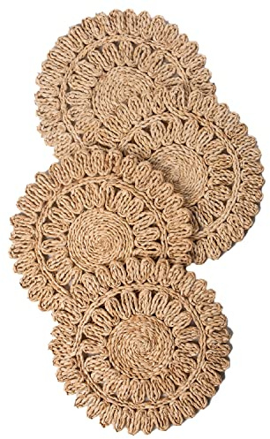 Laquedecraft 13.8 Set of 4 Round Corn Husk Placemats | Boho Woven Rattan Table Mats | Farmhouse Wicker Spring Plate Chargers, Seagrass for Wedding, Party, Christmas, Events