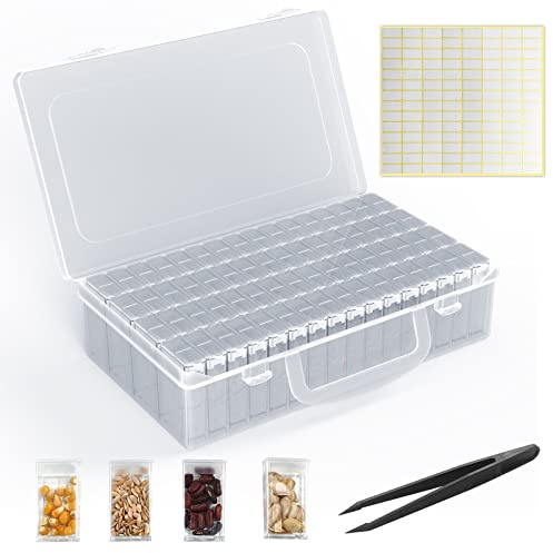 ARSUNOVO Caja de almacenamiento de semillas con 64 compartimentos, 112 etiquetas adhesivas y pinzas, organizador de pintura de diamantes, portátil