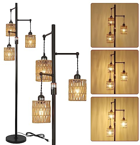 Rayofly Dimmable Rattan Floor Lamp, 3-Lights Boho Lamp with Stepless Dimmer, Industrial Lamps for Living Room, Tall Tree Shades, Farmhouse Standing Bedroom Black-3 Lights