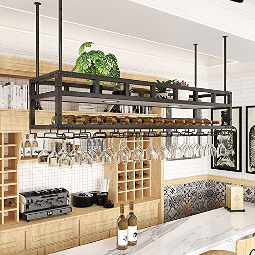 Tak Vinglasställ Flytande hyllor Industriell hängande vinflaskhållare, takhylla i svart metall för Bar Cafe Kitchen, 47,2''X11,8''X10,8''