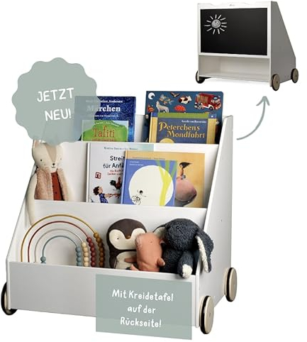 Kleinling Bücherregal für Kinder | Kinderregal aus Holz Weiß [integrierte Kreidetafel] Regal Kinderzimmer Möbel, Spielzeugregal für Leseecke | Kuschelecke. Aufbewahrung Baby Bücher