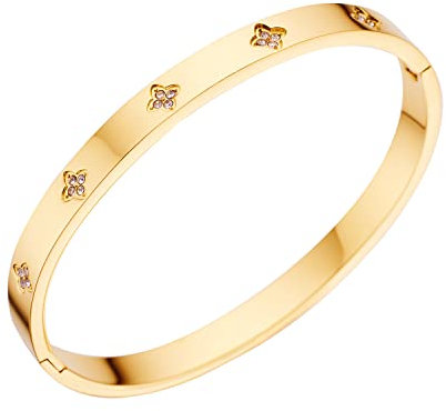 Stainless Steel 18K Gold Plated Cubic Zircons Clover Bangle for Women Girls Jewelry Gift Width 6mm Gold Silvery Rose Gold Color (Golden)