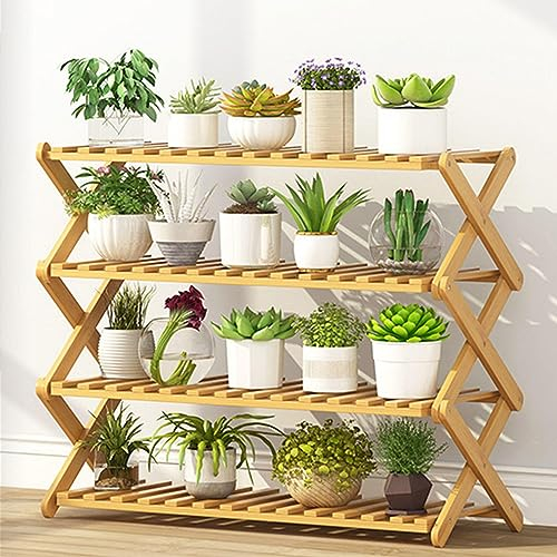 DECORN Klappbarer Pflanzenständer 4-stufiges Faltbares Pflanzenregal aus Holz Leiter-Blumentopfständer Pflanzen-Display-Regalhalter Topfständer für Eckwohnzimmer, Balkon, Garten, Terrasse,80cm L