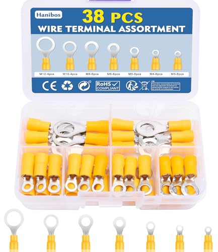 Hanibos 38 Stück Ringkabelschuhe 12-10 AWG Gelb 7 Größen Quetschverbinder 4-6mm² Rund Loch-Ø M3 M4 M5 M6 M8 M10 M12