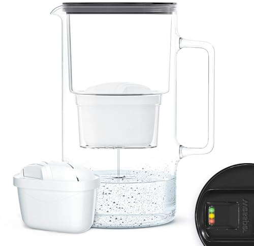 Wessper Wasserfilterkanne Glas 3L Manuelle Filterverschleißanzeige, Ersatz für Dafi Unimax Aquaphor A5 BRITA Maxtra+ PHILIPS AWP212/10 | Reduziert Kalk Chlor | Wasserfilterkanne + Kartusche, Schwarz