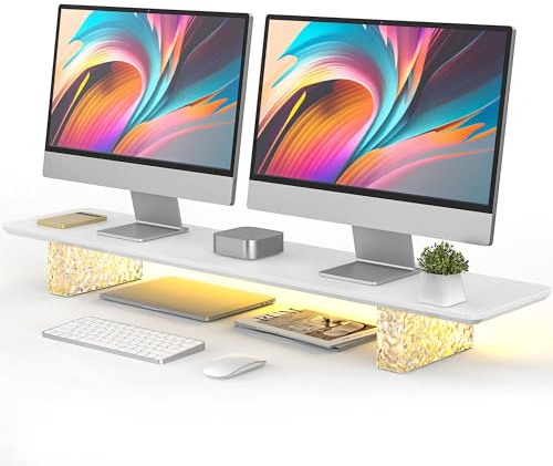 Fenge Réhausseur d'Écran d'Ordinateur Bois+Cristal Brique Grand Moniteur Stand avec Bande LED pour 2 Moniteurs ,TV,PC,Imprimante 108 x23,5x12cm