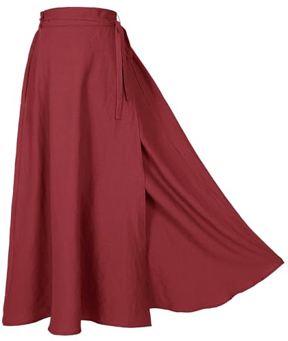 Women's Linen Wrap Skirt Casual Maxi Skirt Vintage A line Linen Skirt(Z2973RD,L)