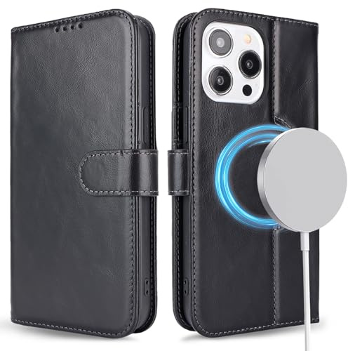 ELTEKER Handyhülle für iPhone 15 Pro Max Hülle [Echtes Leder] Klapphülle Schutzhülle Flip Case - Schwarz