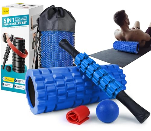 Krightlink Set di rulli in schiuma 5 in 1 per massaggio muscolare profondo, ad alta densità, trigger point fitness, rullo in schiuma brevettato, rullo massaggiante, palla per massaggio, fascia di