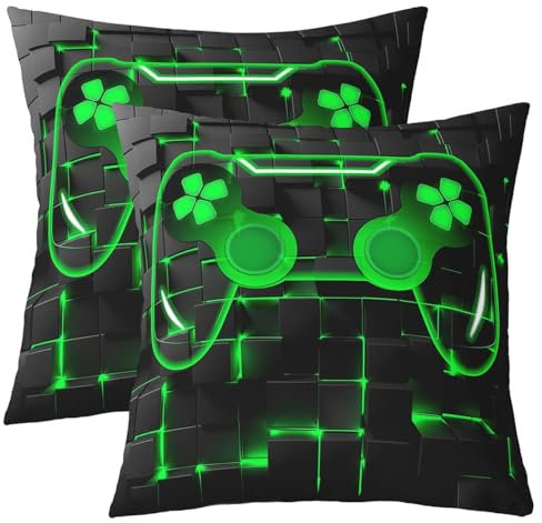 Geometric Set of 2 Throw Pillow Covers 16x16 Inch Gaming Pillow Covers Young Black Dark Green Video Gamer Grid Cushion Covers 3D Gamepad Square Game Controller Glowing Cushion Cases