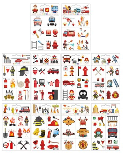 Tattoo Kinder Feuerwehr Set - 10 Bögen Hautfreundliche Temporäre Tattoos für Kinder Jungen - Feuerwehrmann, Feuerwehrauto & Mehr - Perfekt für Geburtstagsfeiern & Party Deko