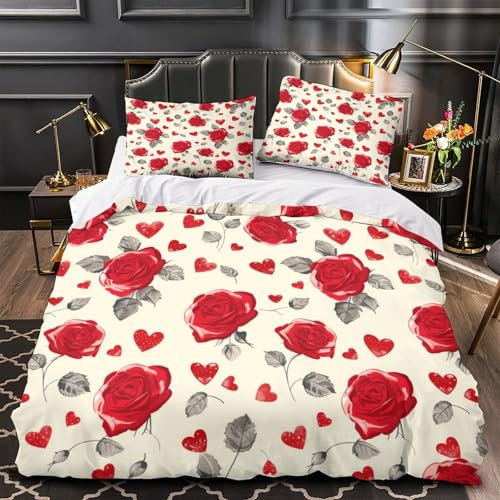 kaiyun Set Copripiumino Per Letto Con Rosa rossa, Per Adulti E Ragazzi Con Stampa 3D,A forma di cuore,in Microfibra Con Cerniera E Federa,3 Pezzi Super King（260x220cm）