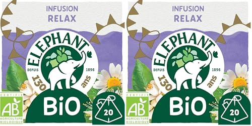 Elephant, Infusion Bio Relax, Goût Camomille, Tilleuil et Fleur d'Oranger, Bien-Etre et Relaxation, Ingrédients d'Origine 100% Naturelle, 20 Sachets Pyramid (Lot de 2)