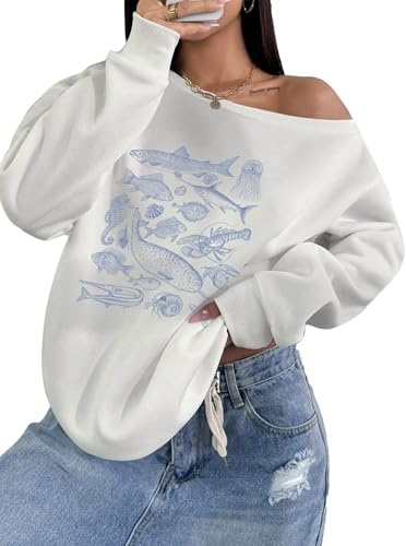 Hilinker Women's Graphic Off Shoulder Sweatshirt Oversized Pullover Cute Long Sleeve Tops White Fish X-Large