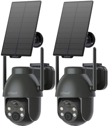 ieGeek 2K 360° PTZ Telecamera Wi-Fi Esterno con Pannello Solare, 2 pz | Senza Fili a Batteria, Rilevazione Movimento PIR, Sirena, Visione Notturna a Colori, Audio Bidirezionale, SD/Cloud, IP65