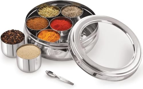 See Through Stainless Steel High Grade Spice Container 7 Containers and Small Spoon See Through Masala Box Indian Masala Dabba | Stainless Steel Spice Box Indian with Transparent Lid (Belly, Large)