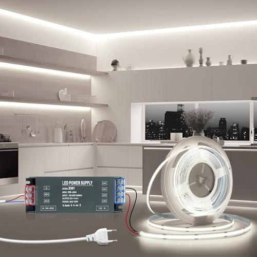 BRIMETI Tira LED 5M COB 24V Autoadhesivo Luz Blanca Fria 6000K 320LEDS/M Tira LED Cocina Cortable Ancho 8mm Con 24V Transformador 100W y Cable de Alimentación, para Dormitorio Fiestas