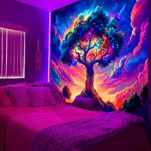 Arsey Schwarzlicht Wandteppich Aesthetic Lebensbaum Wandtuch Psychedelic UV - Reaktiver Wandteppiche Galaxy Himmel Bunt Natur Landschaft Baum Des Lebens Wanddeko Wohnzimmer, 230 X 180 CM