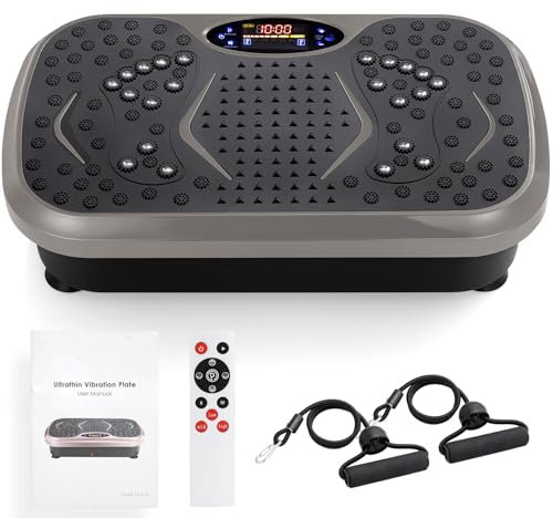 TLGREEN Piastra Vibrante, Design Compatto, 99 Livelli, 5 Programmi di Allenamento, con Bande di Resistenza, Touch Screen e Telecomando, Fitness Pedana Vibrazioni, Tavola Vibrante per Casa (Grigio)