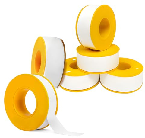 6 Rolls PTFE Tape Plumbing, Waterproof Teflon Tape for Shower Head Sewers Pipes, Thread Seal Plumbers Tape to Stop Leaks, Yellow, 10m x 12mm x 0.075mm