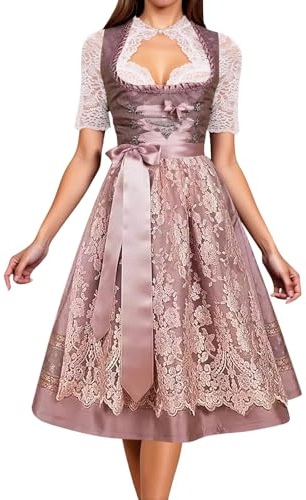 Dirndl Damen Modern, Trachtenkleid Damen Lang Dirndlkleid Inkl. Spitzenschürze 2 Teilig Elegant Dirndl Classic Trachtenkleider Raffinierte Bayerisches Kostüm für Oktoberfest Outfit