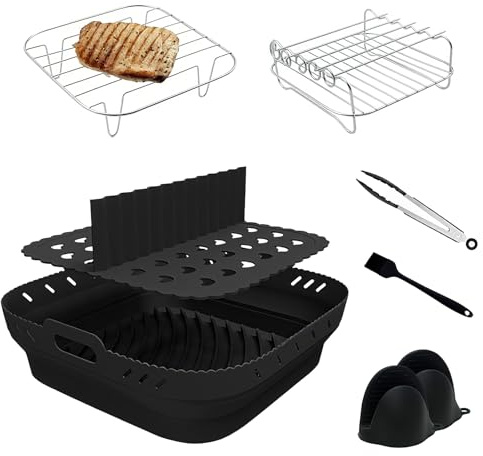 Accessori per Friggitrice ad Aria Calda, Spalivivre Accessori Airfryer per Cosori 5,5 L-6,4 L, Ninja 6,2 L, 8 Pezzi di Accessori Airfryer Inclusi Divisorio, Spiedo e Griglia, Guanti in Silicone, Ecc