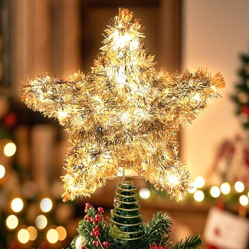 Joytry Weihnachtsbaumspitze Stern Glänzender Goldener Lametta-Stern Baumspitze 10 Zoll Beleuchtete Baumspitze Batteriebetrieben Weihnachtsbaumdekoration für die Weihnachtsdekoration im Innenbereich