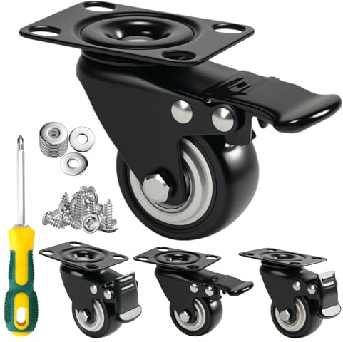 2 Caster Wheels Set of 4 - Heavy Duty Swivel Plate Casters with No Noise Locking, Wheels for Furniture, Cart, Workbench