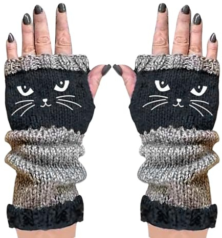 Gestrickte fingerlose Handschuhe, Katzen-Stickerei, wärmendes Zubehör für den Außenbereich, warme Handschuhe mit offenen Fingern für Damen und Mädchen, weiches, dehnbares Acrylmaterial, modisches