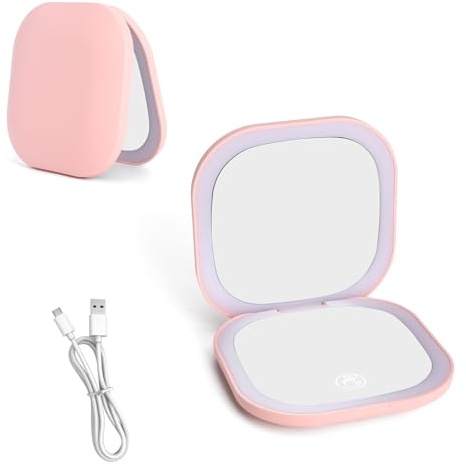TNSLAND Espejo de Bolsillo con LED, Interruptor magnético, Doble Cara Plegable Aumento 5X, Espejo de Mano para Maquillaje, Espejo de Maquillaje Recargable por USB pequeño para Bolso Viaje hogar