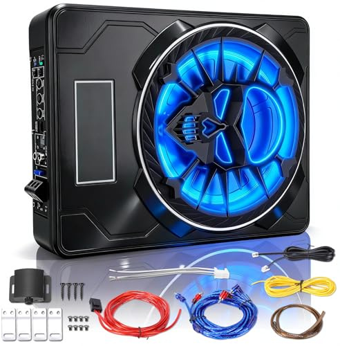 WODHMIEY Subwoofer activo para vehículo, 10 pulgadas, ultrafino, bajo asiento, 800 W, pico, 220 W, RMS, módulo de bajo activo, amplificador integrado, amplificador ajustable, bajo paso, ganancia