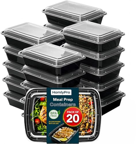 HomlyPro 20 Pack 28oz Black Meal Prep Containers with Lids, Airtight BPA Free Reusable Food Containers, 1 Compartment Stackable Food Storage for Microwave, Freezer and Dishwasher Safe