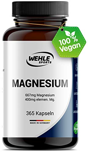 Magnesium 400mg Kapseln hochdosiert - 365 Stück (1 Jahr) 667mg je Kapsel, davon 400mg elementares Magnesium I Vegan - Wehle Sports - Verpackung kann variieren