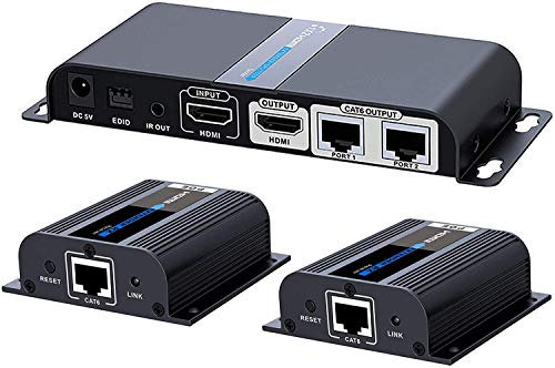 MYPIN HDMI Extender 1080P@60HZ 1x2 Splitter Device Over CAT6/6A/7/8 Cable, Transmission up to 40m/131ft with Loop-Out Local Display,Support IR Remote Control,EDID Function