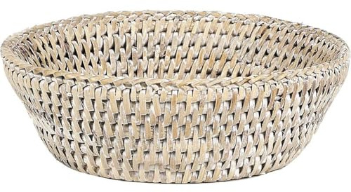 AUBRY GASPARD - Corbeille à Pain en Rotin Patiné Blanc - Ø 17 cm x Hauteur 6 cm - Poids Léger 0.13 kg - Polyvalente pour Pain ou Fruits - Design Élégant pour Cuisine et Arts de la Table