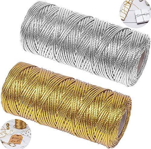 Cordon Dorado Cordón Metálico Hilo Dorado 2 Rollos 100m Hilo de Oropel para Hacer Manualidades Envolver Regalos o Decoración de Árbol de Navidad Etiquetas de Regalo (Oro + Plata)