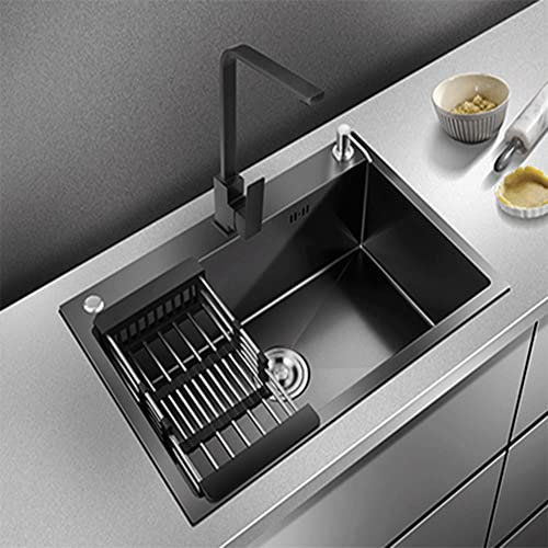 Lavello da cucina nero in acciaio inossidabile nano calibro 18, lavabo a vasca singola da incasso soprapiano, lavello fatto a mano con rubinetto quadrato